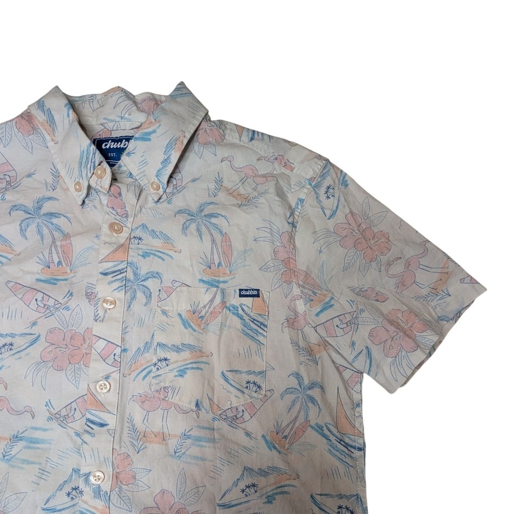 Chubbies Mens Medium‎ Tropical Flamingo Sailboat Print Short Sleeve Button Shirt